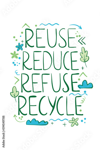 reduce reuse reduse recycle lettering. Vector illustration Hand-drawn eco-friendly quote, save the world slogan. Environmental ecological recycling symbol. Vector illustration