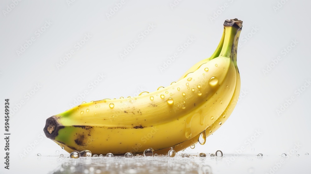 Spotted banana on white background with water drops on a white background, top view