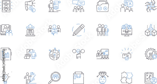 Task delegation line icons collection. Responsibility, Efficiency, Authority, Collaboration, Accountability, Organization, Priority vector and linear illustration. Empowerment,Trust,Management outline