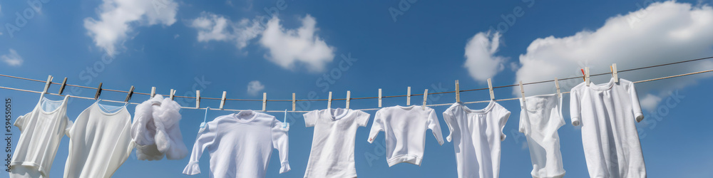 Φωτογραφία children's white clothes hanging on a rope on clothespins on the street against a cloudy sky on a sunny day