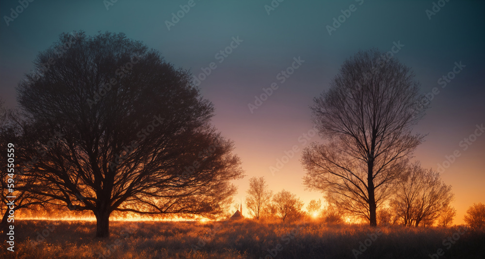 Sunrise in a foggy morning landscape, field with trees and a house in the distance, bright red sunlight through the haze. Generative AI.