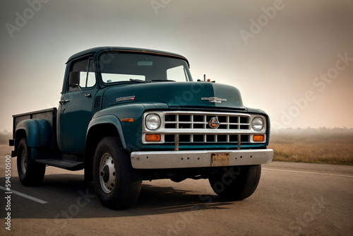 A vintage pickup truck is driving on the road. Generative AI.