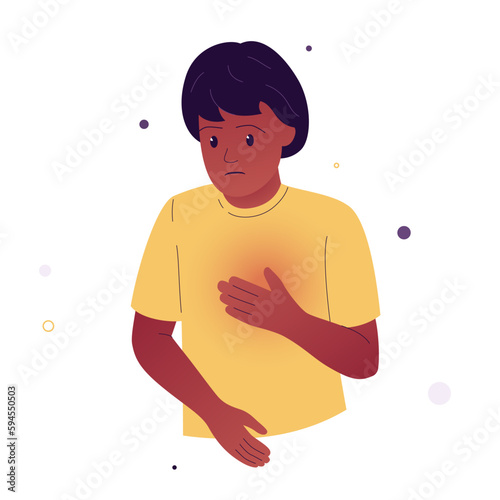 Vector illustration of an excited woman putting her hand to her chest. The woman felt unusual changes in her chest. Symptoms of breast cancer. Illustration for medical articles, posters.