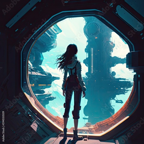 a woman standing at the eage of gigantic space station, alone lofi girl Generative AI	
 photo