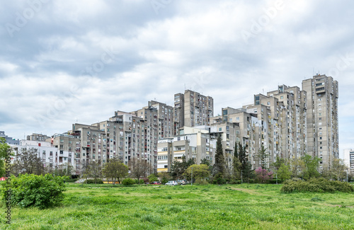 18. April 2023. New Belgrade, Serbia. New Belgrade View with socialistic architecture in brutalism style of construction. Building in the residential part of Belgrade, Serbia. Editorial image.