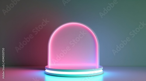 Pink and Blue Plinth with Neon Lights. Pastel colored product stage. Generative AI. photo