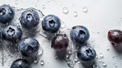 Fresh ripe blueberry on white background with water drops on a white background, top view