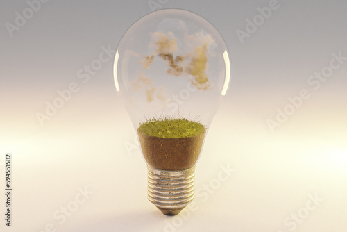 single lightbulb with green soil and clouds; renewable clean energy concept; 3D Illustration photo