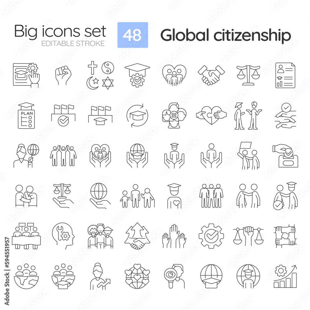Global citizenship linear icons set. Sustainable development. Peaceful planet. GCED issues. Common humanity. Customizable thin line symbols. Isolated vector outline illustrations. Editable stroke