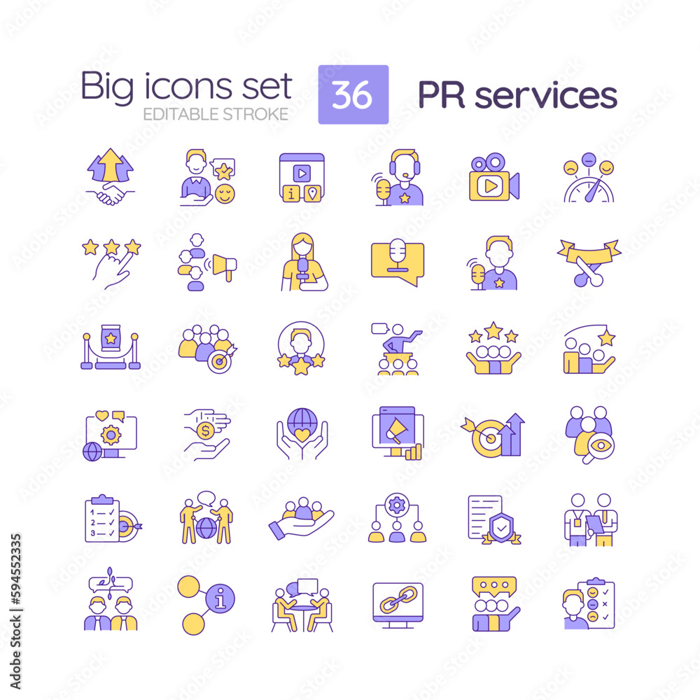 PR services RGB color icons set. Public relations. Social media. Marketing agency. Effective communication. Isolated vector illustrations. Simple filled line drawings collection. Editable stroke PR services RGB color icons set. Public relations. Social media. Marketing agency. Effective communication. Isolated vector illustrations. Simple filled line drawings collection. Editable stroke