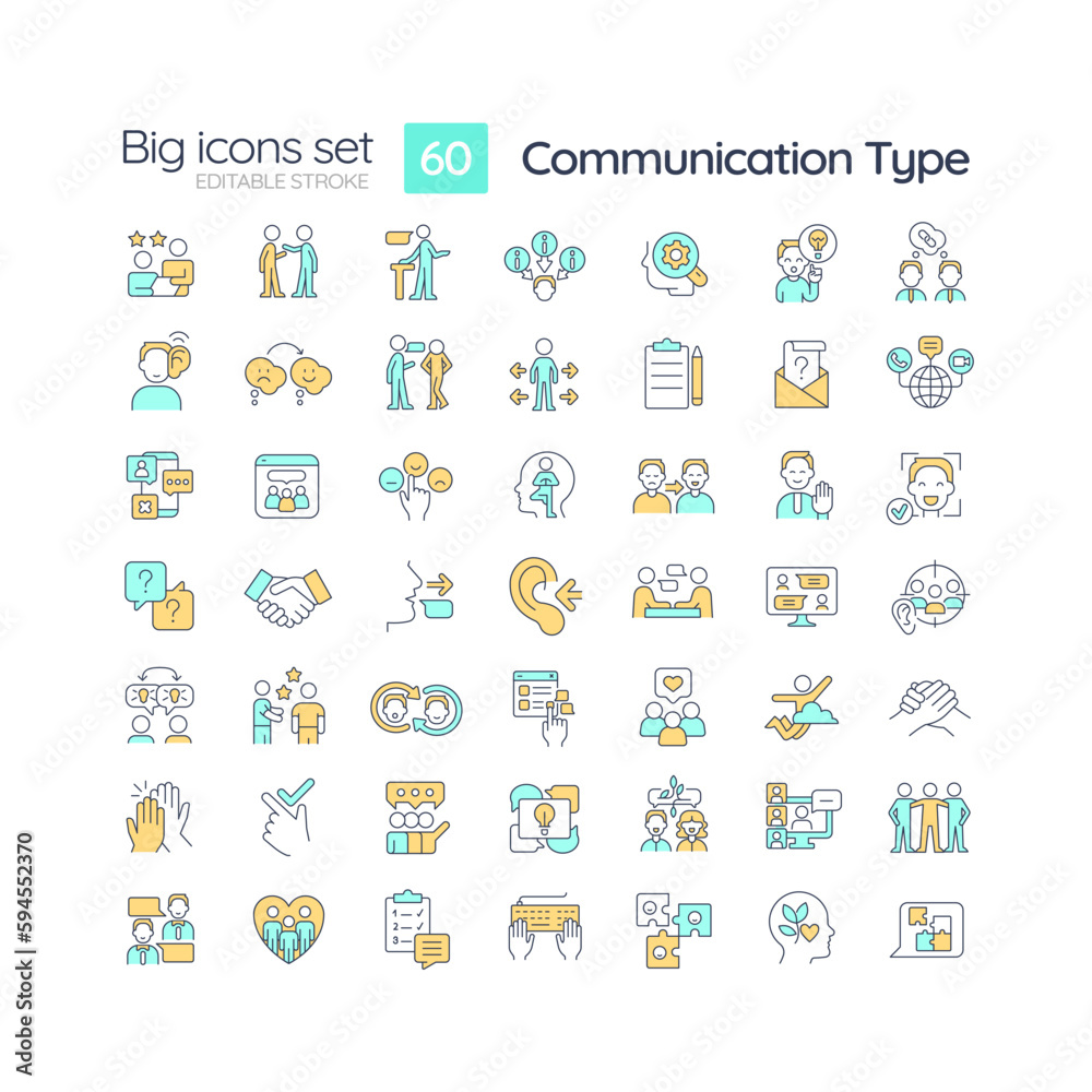 Communication type RGB color icons set. Social interaction. Project management. Information transmission. Isolated vector illustrations. Simple filled line drawings collection. Editable stroke