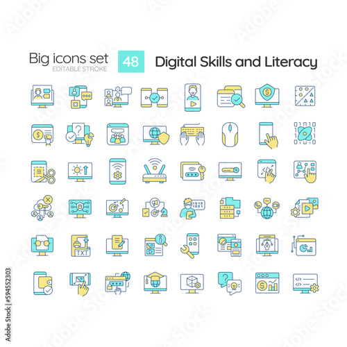 Digital skills and literacy RGB color icons set. Computer programming. Cyber citizenship. Online safety. Isolated vector illustrations. Simple filled line drawings collection. Editable stroke