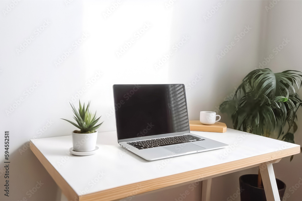 Computer mockup white background on table. Working At Home. Laptop With Blank Screen On Table. Generative AI. Computer mockup white background on table. Working At Home. Laptop With Blank Screen On Table. Generative AI.