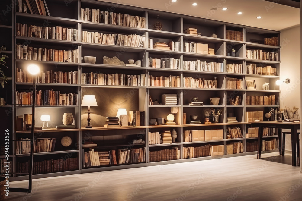 Home library wall. Clean and modern decoration background. Reading Room Or Library Interior With Armchair, Bookshelf And Lamp. Generative AI. Home library wall. Clean and modern decoration background. Reading Room Or Library Interior With Armchair, Bookshelf And Lamp. Generative AI.