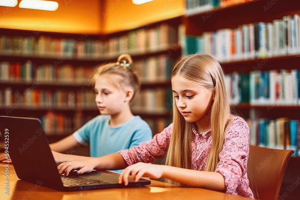 Young students studying in library using tablet and searching online. Student using a tablet to work on a project. Generative AI. Young students studying in library using tablet and searching online. Student using a tablet to work on a project. Generative AI.