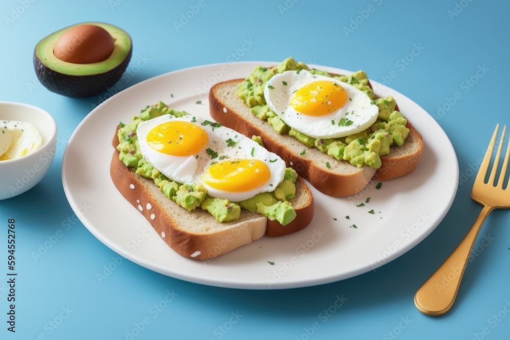 Avocado toast with poached egg on a wooden board, generative ai, healthy food. Breakfast concept. Avocado toast with poached egg on a wooden board, generative ai, healthy food. Breakfast concept.