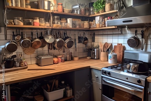 a fully stocked kitchen, filled with fresh ingredients and cooking utensils, created with generative ai