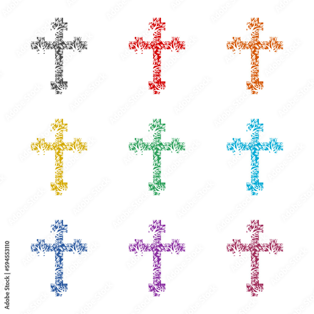Christian cross with leaf icon isolated on white background. Set icons colorful