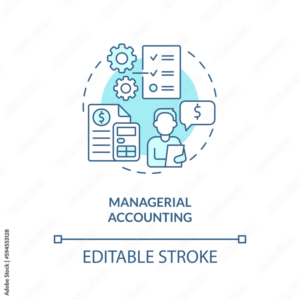 Managerial accounting turquoise concept icon. Decision making. Financial performance abstract idea thin line illustration. Isolated outline drawing. Editable stroke. Arial, Myriad Pro-Bold fonts used