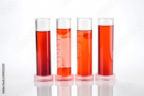 Test tubes with red liquid against white background. Scientific research in professional environment. Generative AI.