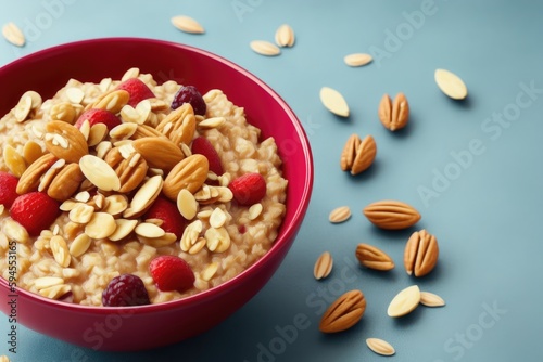 Homemade oatmeal with berries and nuts, rasty and healthy food, generative ai, solid background with copyspace