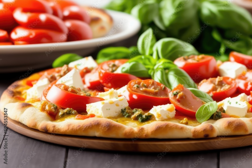 Hot tasty traditional italian pizza with salami, meat, cheese, tomatoes greens, generative ai, on a dark background Hot tasty traditional italian pizza with salami, meat, cheese, tomatoes greens, generative ai, on a dark background