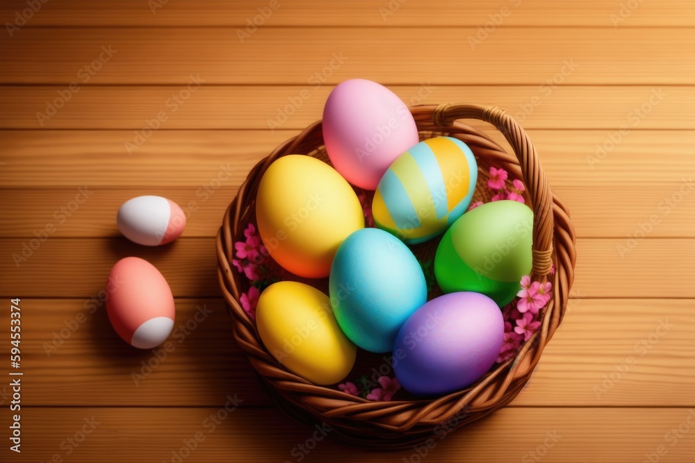 Naklejka premium Easter eggs in the nest on rustic wooden background, generative ai, copyspace for text