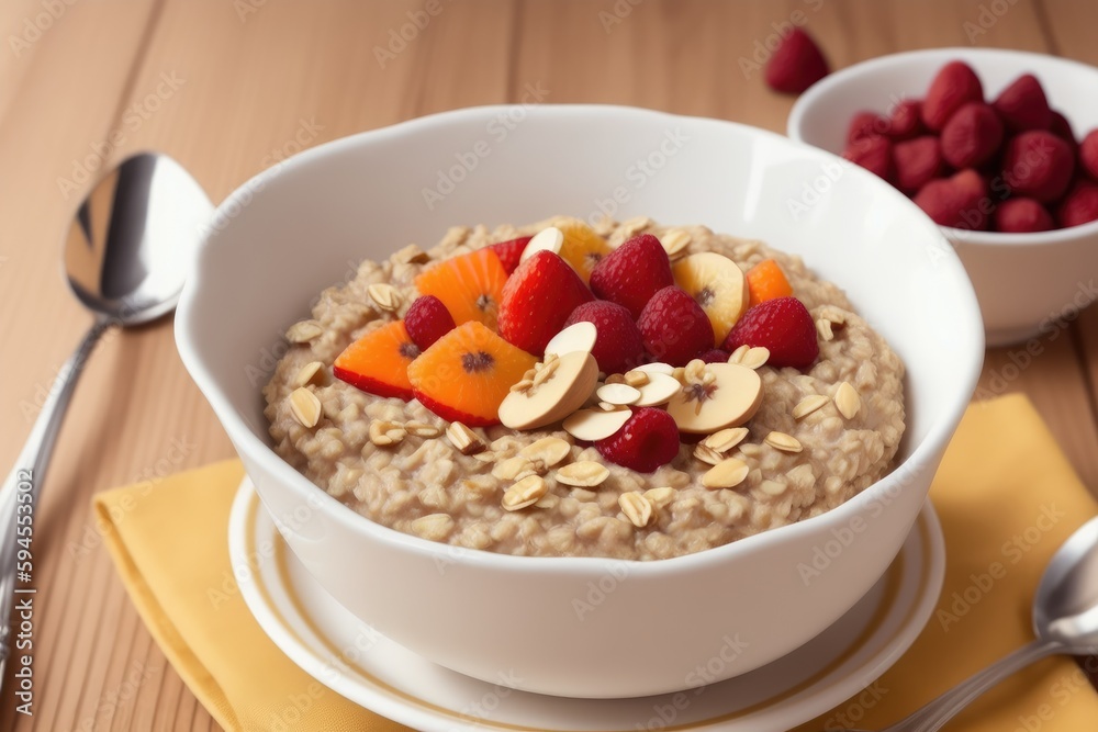 Homemade oatmeal with berries and nuts, rasty and healthy food, generative ai, solid background with copyspace Homemade oatmeal with berries and nuts, rasty and healthy food, generative ai, solid background with copyspace
