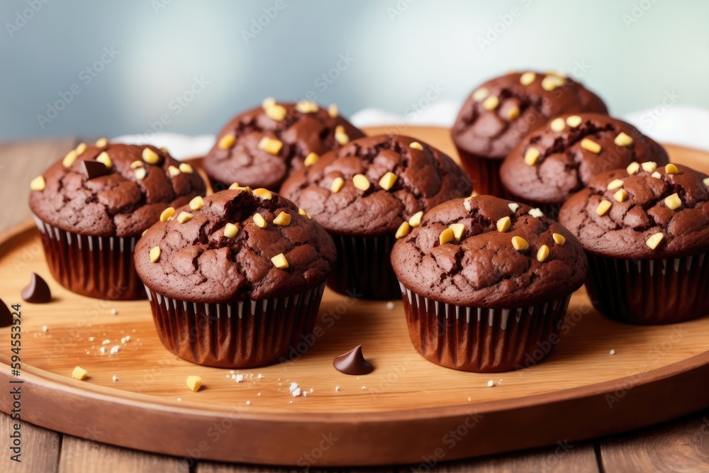 Delicious chocolate muffins with sugar powder, on dark background, generative ai, selective focus Delicious chocolate muffins with sugar powder, on dark background, generative ai, selective focus
