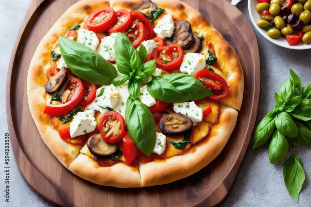Hot tasty traditional italian pizza with salami, meat, cheese, tomatoes greens, generative ai, on a dark background Hot tasty traditional italian pizza with salami, meat, cheese, tomatoes greens, generative ai, on a dark background