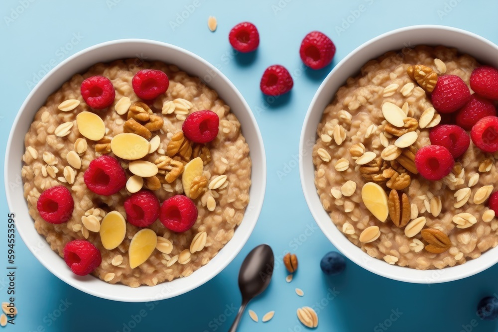 Homemade oatmeal with berries and nuts, rasty and healthy food, generative ai, solid background with copyspace Homemade oatmeal with berries and nuts, rasty and healthy food, generative ai, solid background with copyspace