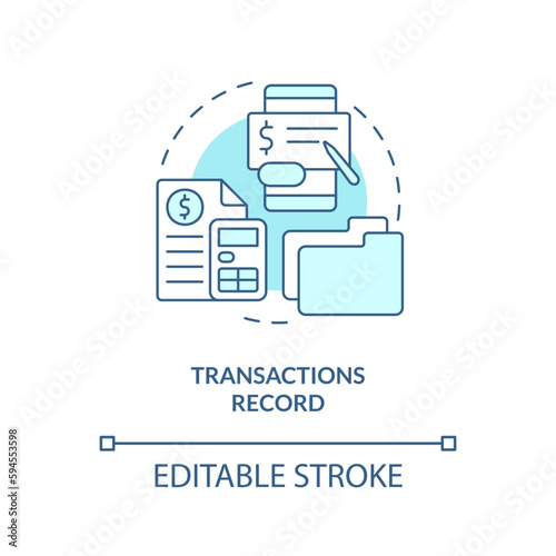 Transactions record turquoise concept icon. Financial reports. Accounting importance abstract idea thin line illustration. Isolated outline drawing. Editable stroke. Arial, Myriad Pro-Bold fonts used