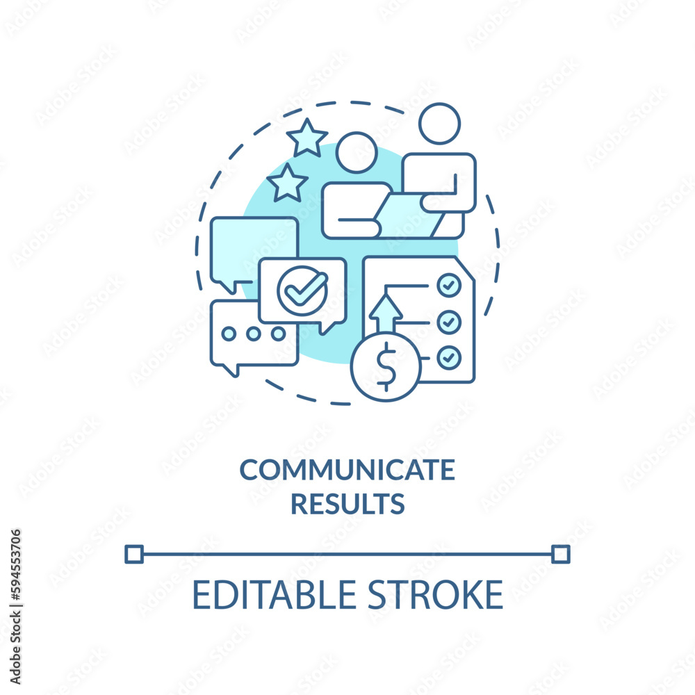 Communicate results turquoise concept icon. Share financial information. Accounting abstract idea thin line illustration. Isolated outline drawing. Editable stroke. Arial, Myriad Pro-Bold fonts used