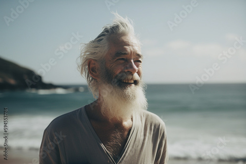 Serene senior man relaxing on a beach created with Generative AI