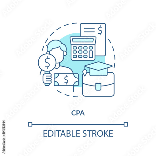 CPA turquoise concept icon. Certified public accountant. Accounting career abstract idea thin line illustration. Isolated outline drawing. Editable stroke. Arial, Myriad Pro-Bold fonts used