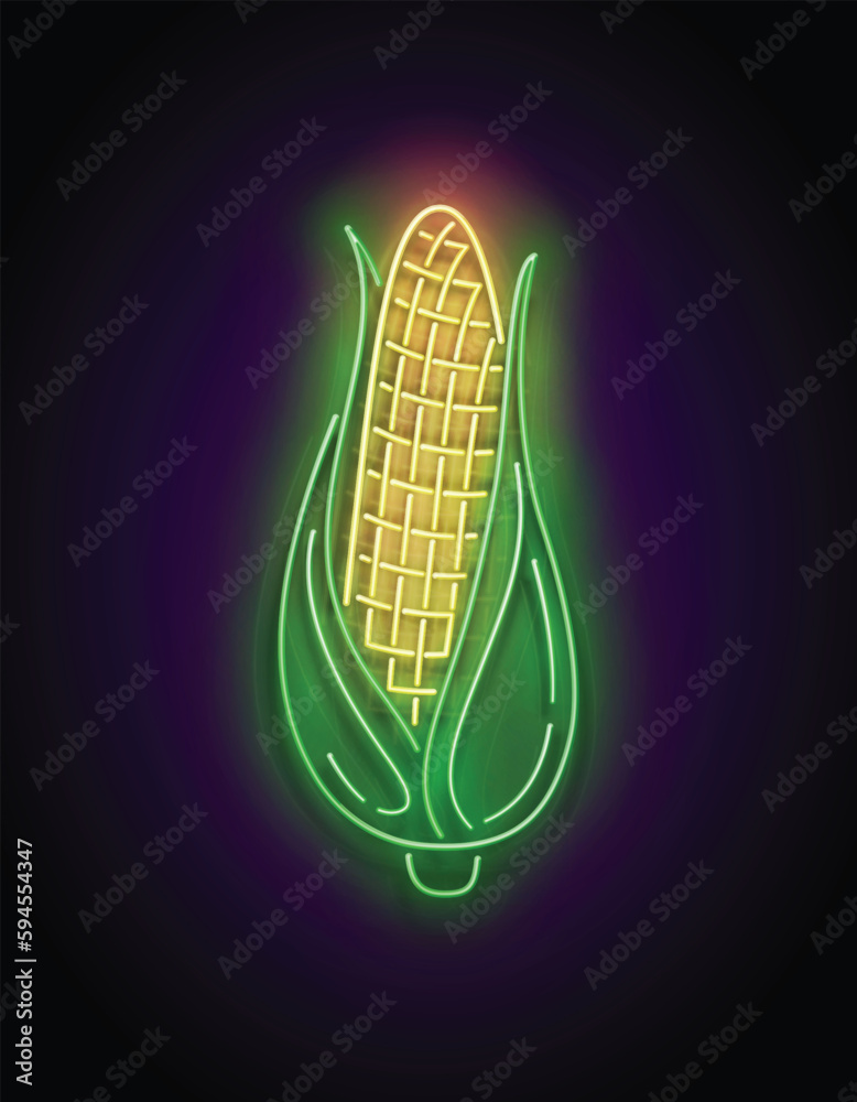 Glow single ear of sweetcorn with green leaves. Fresh corn, maize. Neon Light Poster, Flyer, Banner, Signboard. Glossy Background. Vector 3d Illustration Glow single ear of sweetcorn with green leaves. Fresh corn, maize. Neon Light Poster, Flyer, Banner, Signboard. Glossy Background. Vector 3d Illustration