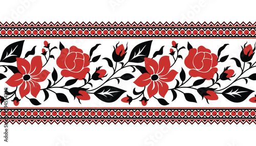 Seamless Border with Red Rose and Mallow Composition Inspired by Ukrainian Traditional Embroidery. Ethnic Floral Motif, Handmade Craft Art. Ethnic Design Element. Vector Illustration