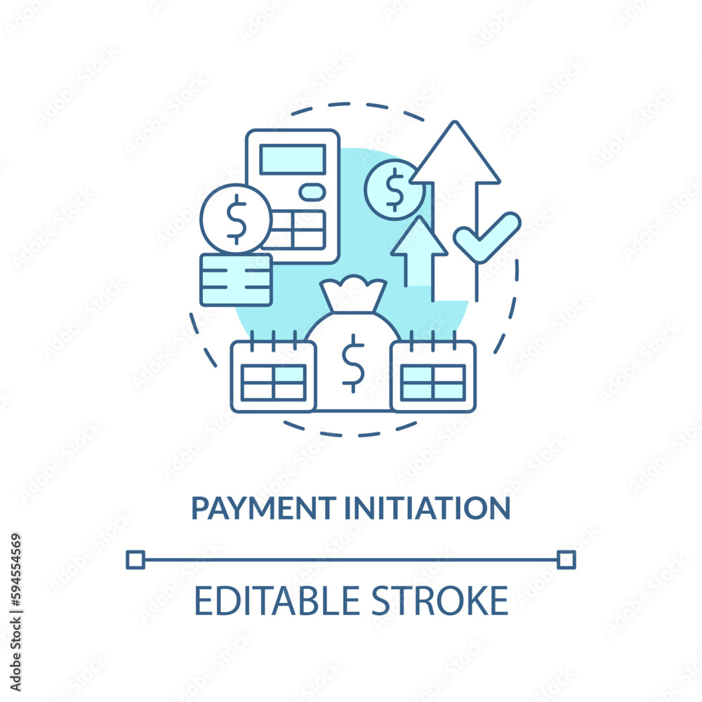 Payment initiation turquoise concept icon. Automated clearing house. How ACH work abstract idea thin line illustration. Isolated outline drawing. Editable stroke. Arial, Myriad Pro-Bold fonts used