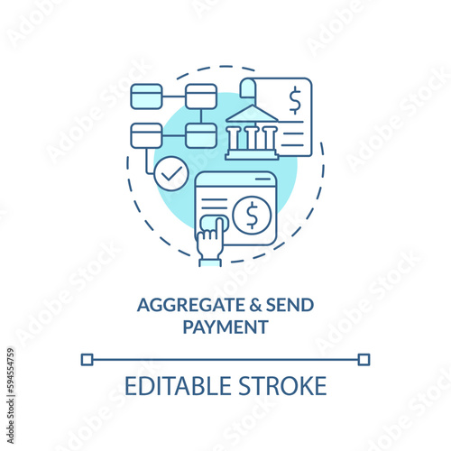 Aggregate and send payment turquoise concept icon. Transaction processing. ACH work abstract idea thin line illustration. Isolated outline drawing. Editable stroke. Arial, Myriad Pro-Bold fonts used