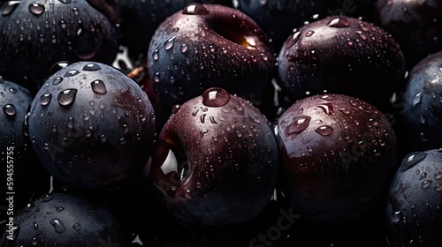 fresh ripe plums with water drops on black background. Close up