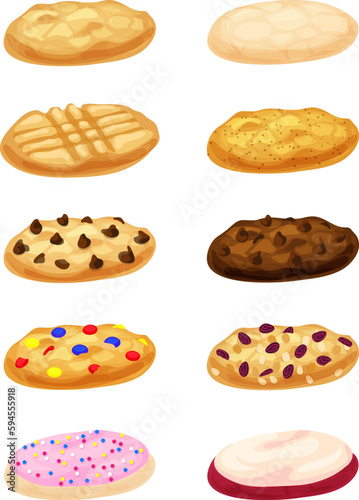 Sugar, chocolate chip, oatmeal raisin, peanut, snickerdoodle, chocolate, candy cookies at an angle on a white background. Isolated vector illustrations.