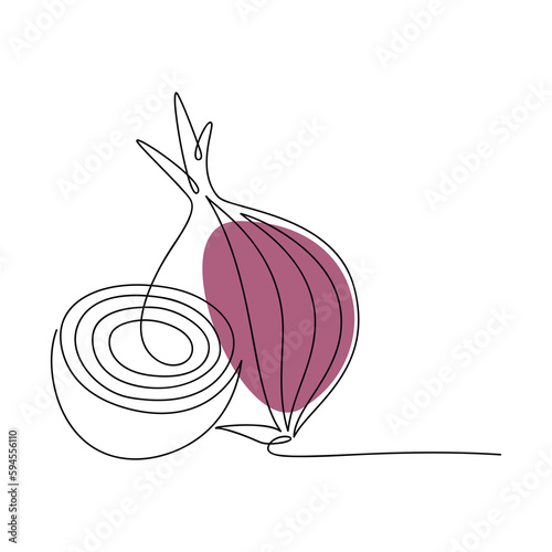 Red onion vector. Line continuous hand drawn illustration. Vegetable outline icon. Garden plant. Minimal linear silhouette. Graphic design, print, banner, card, brochure, cartoon sign, doodle.