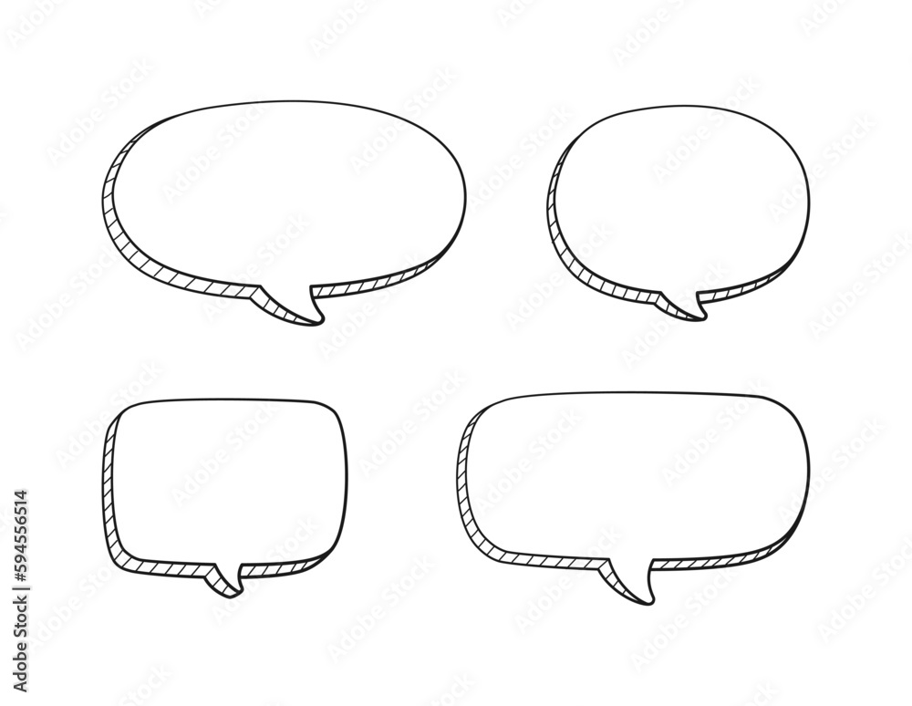 Collection set of hand drawn 3D blank speech bubble balloon, think, speak, talk, text box banner, black and white color, flat design vector illustration Collection set of hand drawn 3D blank speech bubble balloon, think, speak, talk, text box banner, black and white color, flat design vector illustration