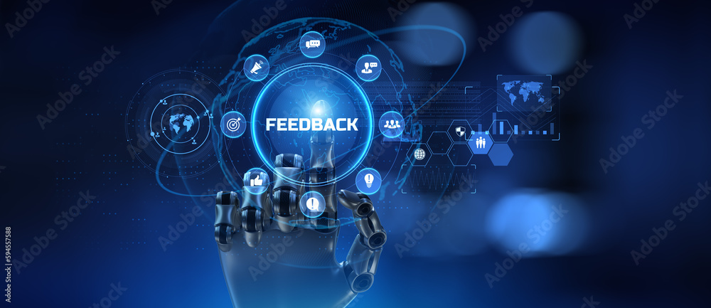 Feedback customer satisfaction review. Robotic hand pressing button 3d render. Feedback customer satisfaction review. Robotic hand pressing button 3d render.