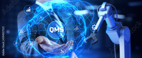 QMS Quality management system. Business industrial technology concept. Cobot 3d render.
