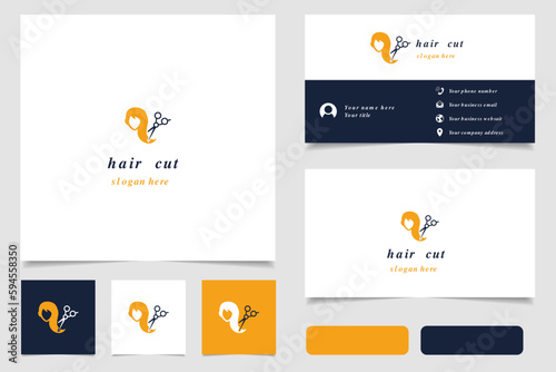 Hair cut logo design with editable slogan. Branding book and business card template.
