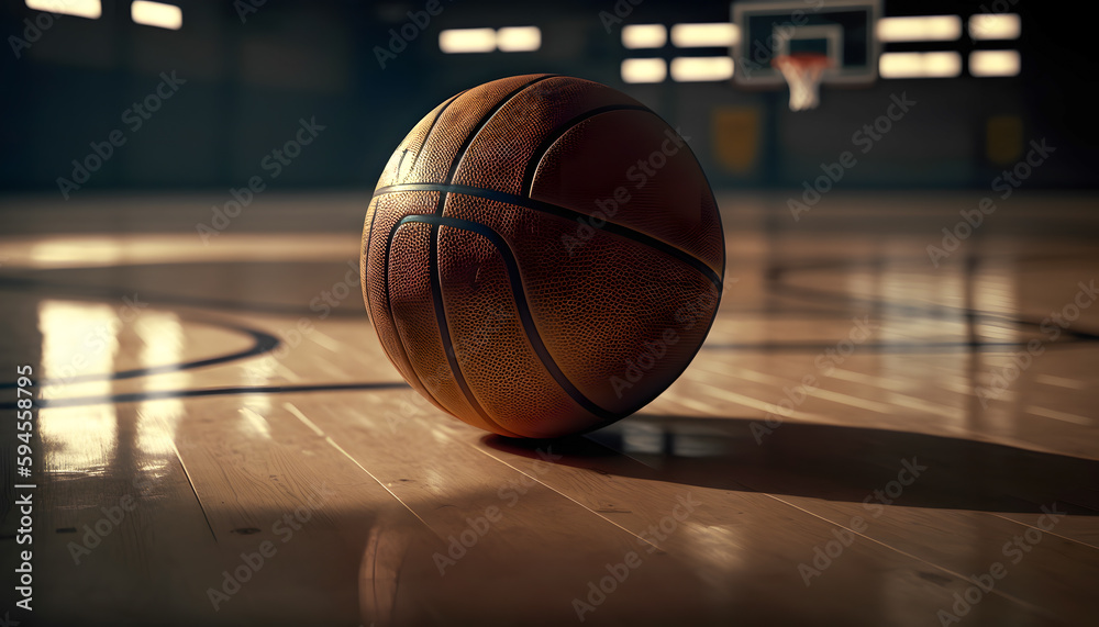 Banner sports tournament Basketball, ball on dark background court, copy space. Generation AI Banner sports tournament Basketball, ball on dark background court, copy space. Generation AI