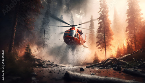 Fire fighting Helicopter dropping water on wildfire. Disaster forest burning emergency. Generation AI