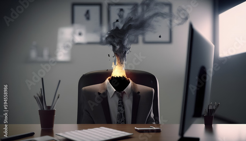 Man in business suit with burnout head on work place in office. Concept of mental shock overload, stress and depressed. Generation AI