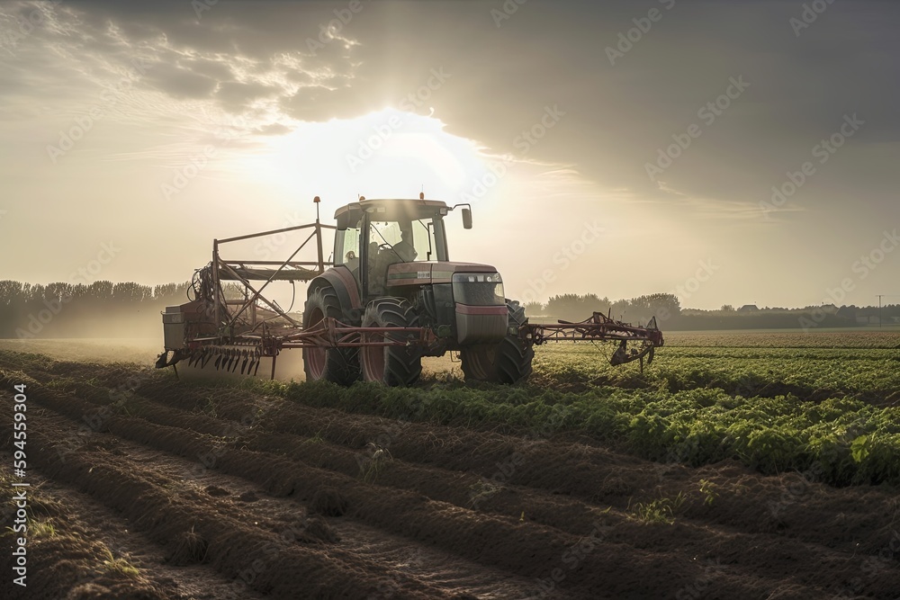 Fototapeta premium A plantation field with Glyphosate irrigation, chemical products in agriculture. Pesticides on plantantion field at sunset. Generative AI Technology.
